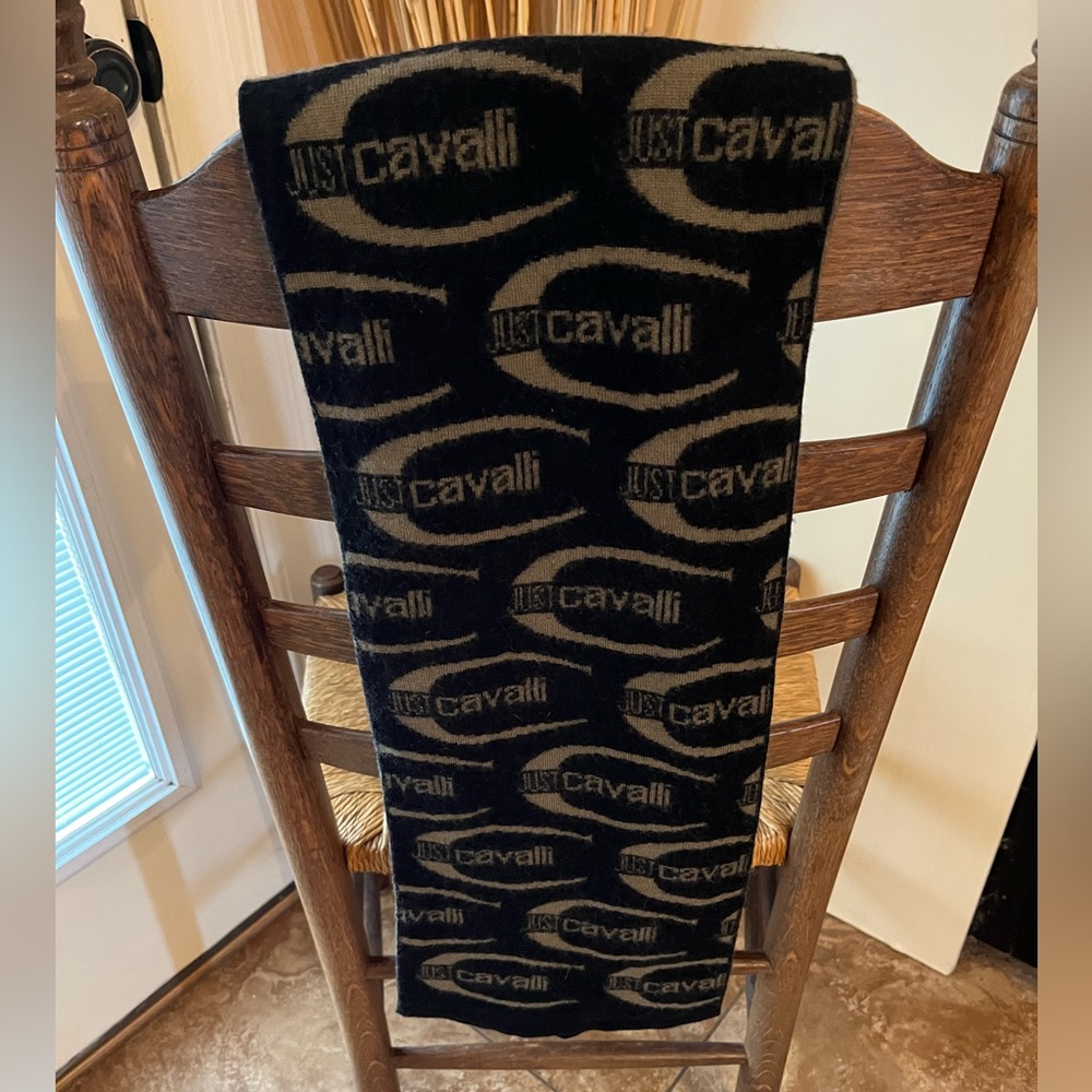 Just Cavalli Black Tan Reversible Logo Typography Wool Blend Designer Scarf